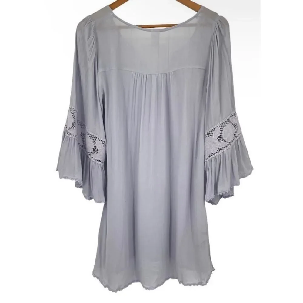 L*Space Lavender Crochet Lace Bell Sleeve Tunic Cover Up Medium Boho Rayon